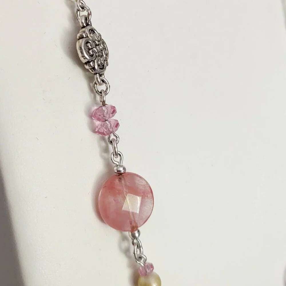Shades of pink, purple with silver and faux pearl beaded necklace